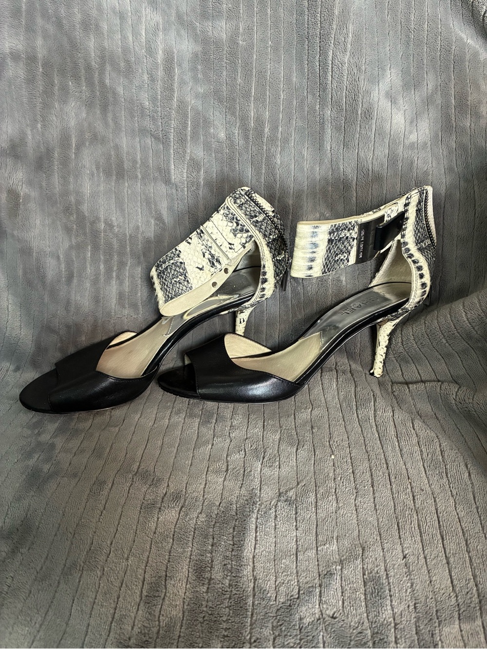 Michael Kors Black and Ivory Snake-Print Ankle Strap Heels W6